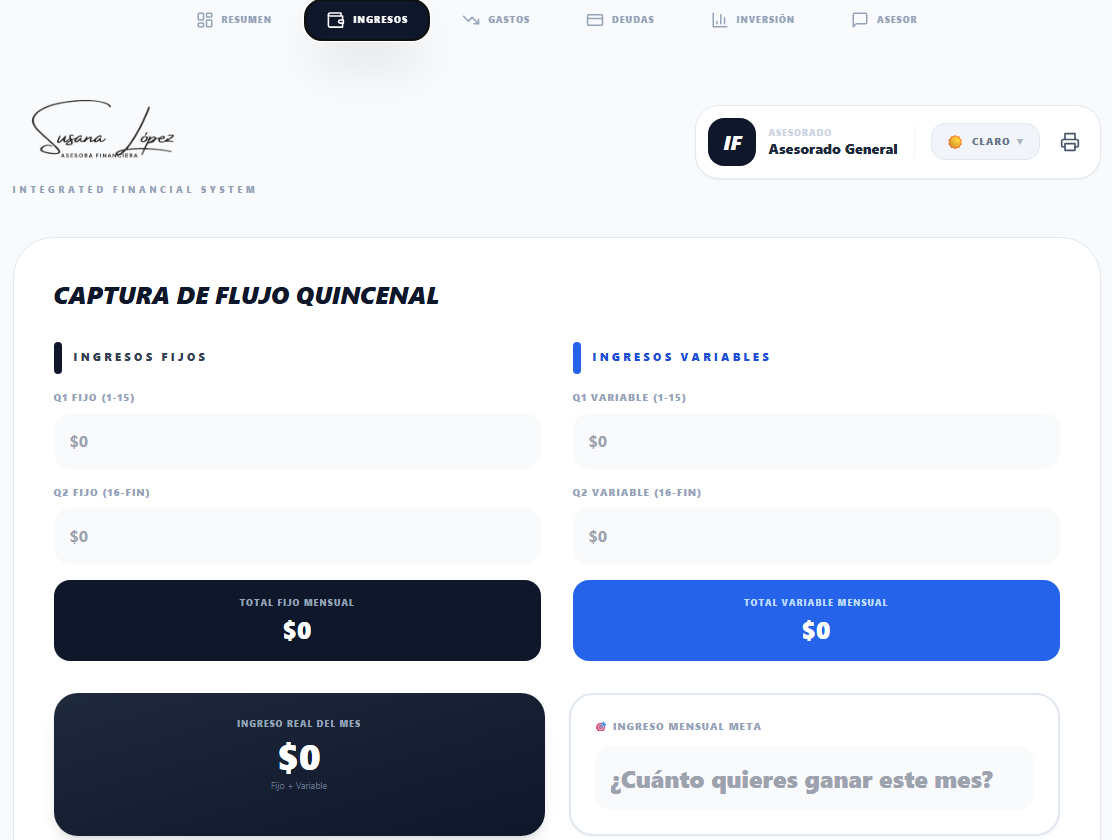 Pantalla de ingresos