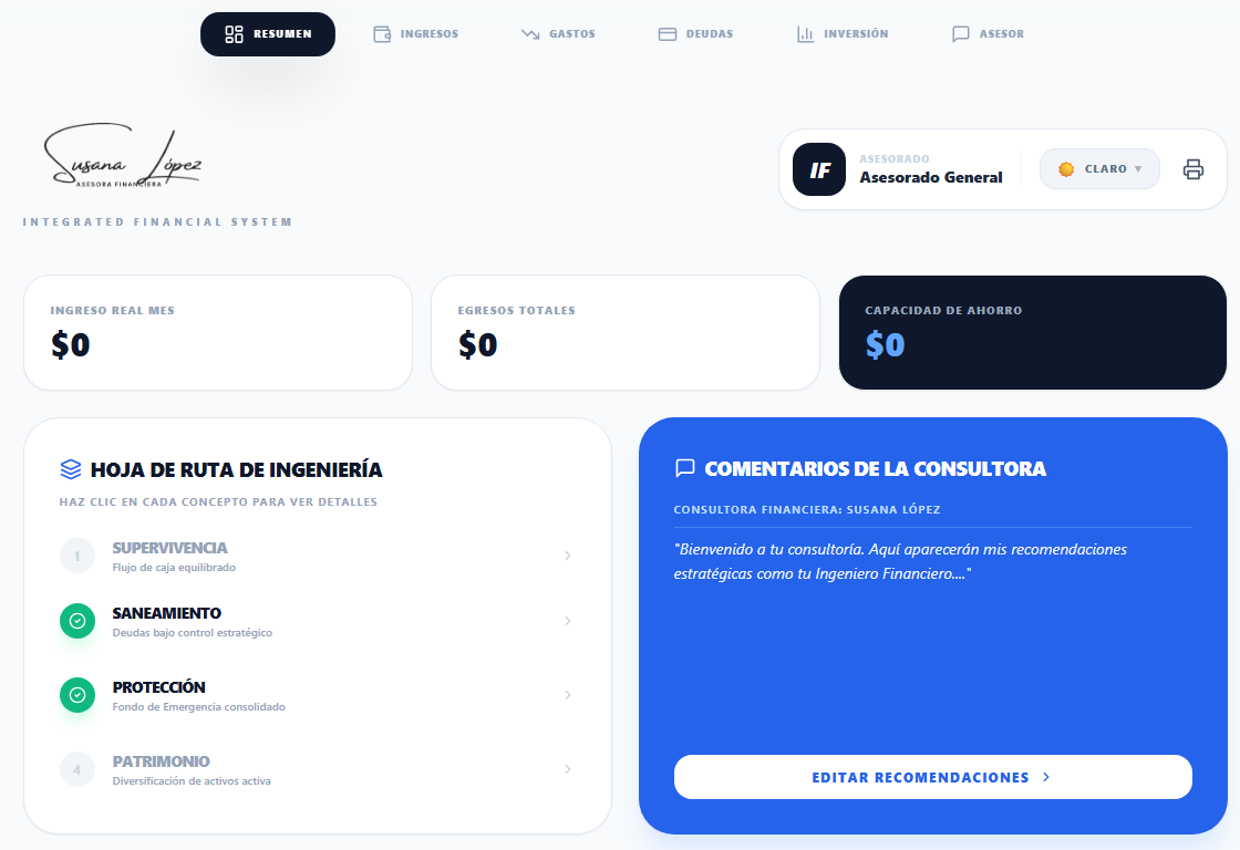 Pantalla de resumen de Advisor Pro